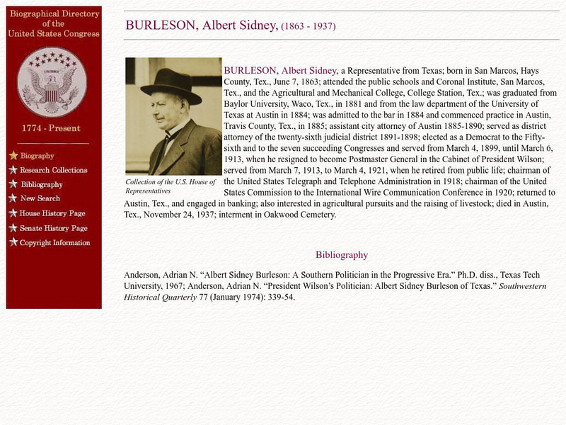 Loc: Biographical Directory of the u.s. Congress: Burleson, Albert Sidney Handout Loc: Biographical Directory of the u.s. Congress: Burleson, Albert Sidney Handout