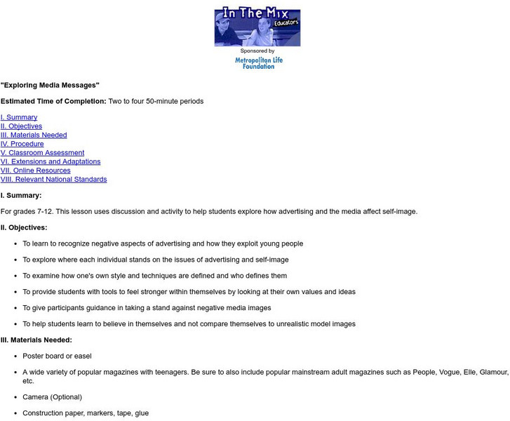 Pbs Teachers: Exploring Media Messages Lesson Plan Pbs Teachers: Exploring Media Messages Lesson Plan