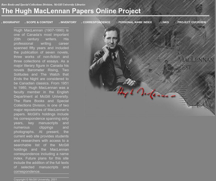 Mc Gill University Library: Hugh Mac Lennan Papers Online Project Website Mc Gill University Library: Hugh Mac Lennan Papers Online Project Website