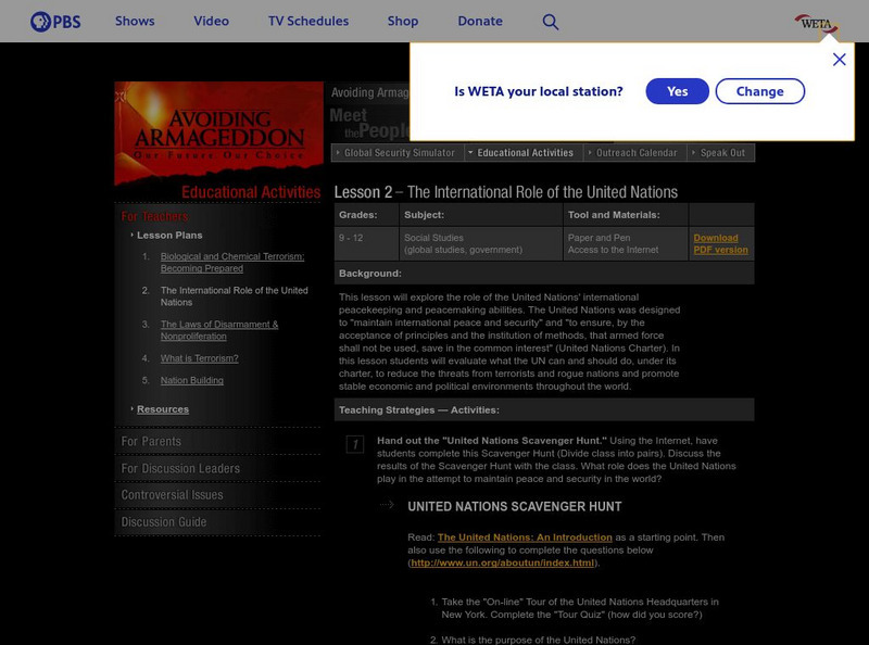 Pbs Teachers: Avoiding Armageddon: International Role of the United Nations Lesson Plan Pbs Teachers: Avoiding Armageddon: International Role of the United Nations Lesson Plan