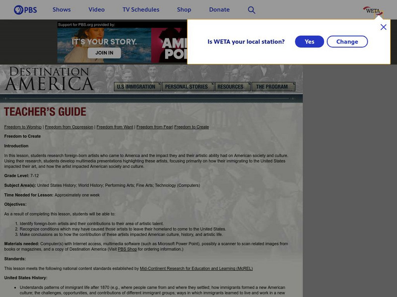 Pbs Teachers: Freedom to Create (Lesson Plan) Lesson Plan Pbs Teachers: Freedom to Create (Lesson Plan) Lesson Plan