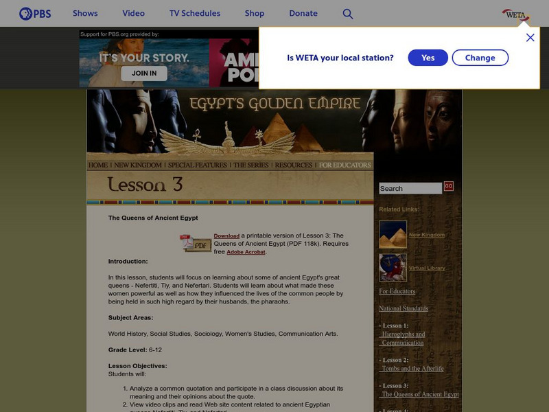 Pbs: Queens of Ancient Egypt (Lesson Plan) Lesson Plan Pbs: Queens of Ancient Egypt (Lesson Plan) Lesson Plan