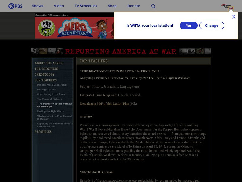 Pbs Teachers: Death of Capt. Waskow (Lesson in the Journalism of Ernie Pyle) Article