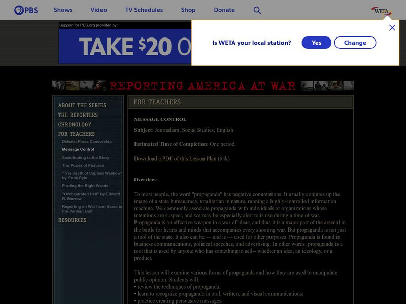 Pbs: Message Control (Lesson Plan About Propaganda) Lesson Plan Pbs: Message Control (Lesson Plan About Propaganda) Lesson Plan