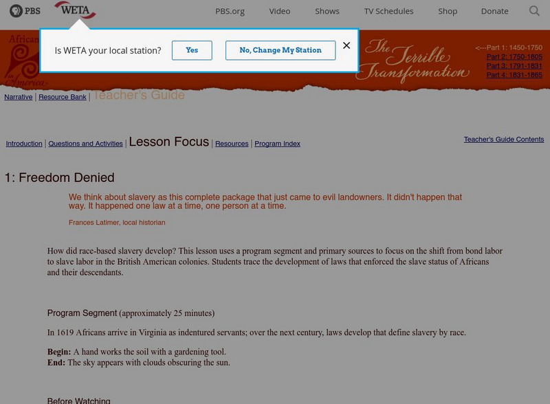 Pbs: Cet: Africans in America: Teacher's Guide Lesson Plan Pbs: Cet: Africans in America: Teacher's Guide Lesson Plan