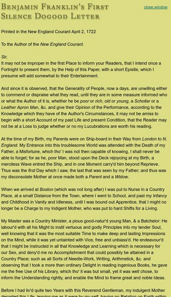 Pbs: Benjamin Franklin: An Extraordinary Life: First Silence Dogood Letter eBook Pbs: Benjamin Franklin: An Extraordinary Life: First Silence Dogood Letter eBook