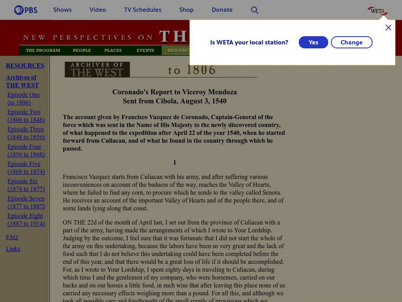 New Perspectives on the West: Coronado's Report to Viceroy Mendoza Primary New Perspectives on the West: Coronado's Report to Viceroy Mendoza Primary
