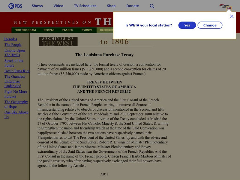 Pbs: The West: The Louisiana Purchase Treaty Primary Pbs: The West: The Louisiana Purchase Treaty Primary
