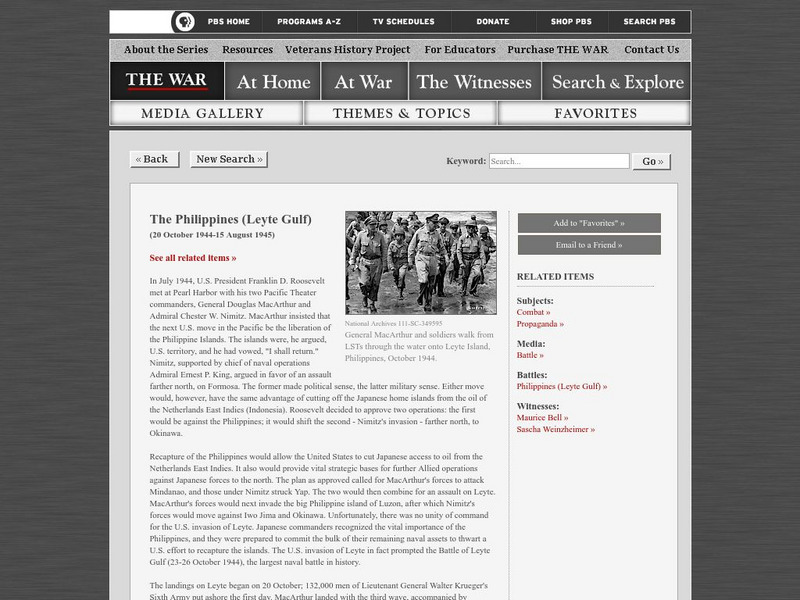 Pbs: The War: The Philippines (Leyte Gulf) Website Pbs: The War: The Philippines (Leyte Gulf) Website