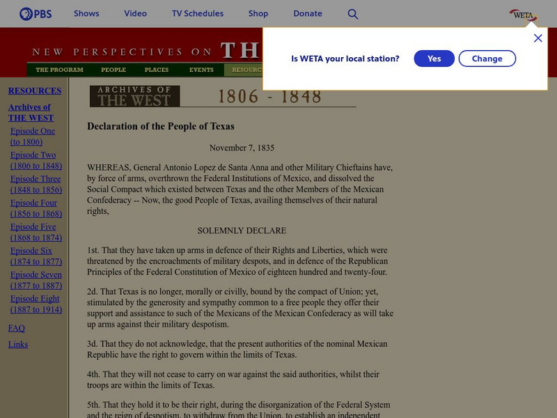 Pbs: Archives of the West: Declaration of the People of Texas: Nov. 7, 1835 Primary Pbs: Archives of the West: Declaration of the People of Texas: Nov. 7, 1835 Primary