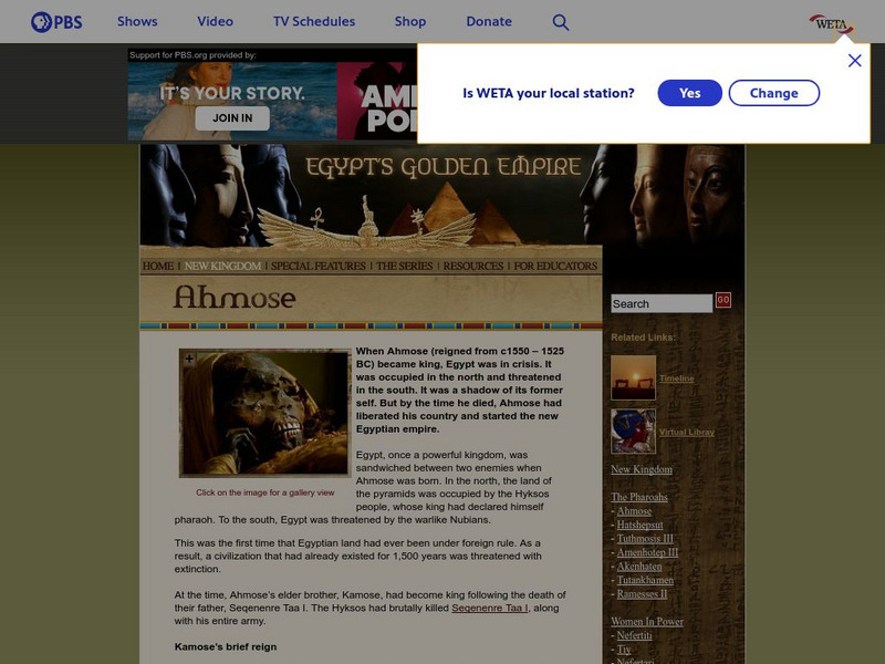 Pbs: Egypt's Golden Kingdom: Ahmose Handout Pbs: Egypt's Golden Kingdom: Ahmose Handout