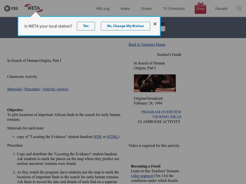 Pbs Teachers: In Search of Human Origins, Part I: Classroom Activity Lesson Plan Pbs Teachers: In Search of Human Origins, Part I: Classroom Activity Lesson Plan