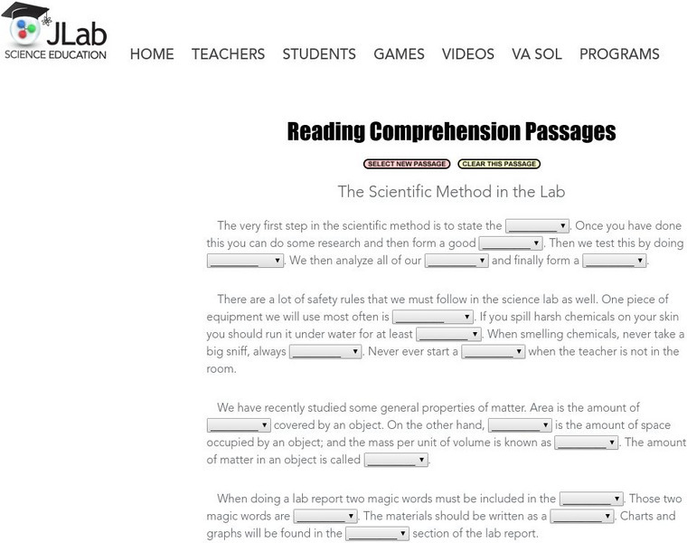 Jefferson Lab: Reading Passages: The New Scientific Method in the Lab Unknown Type Jefferson Lab: Reading Passages: The New Scientific Method in the Lab Unknown Type