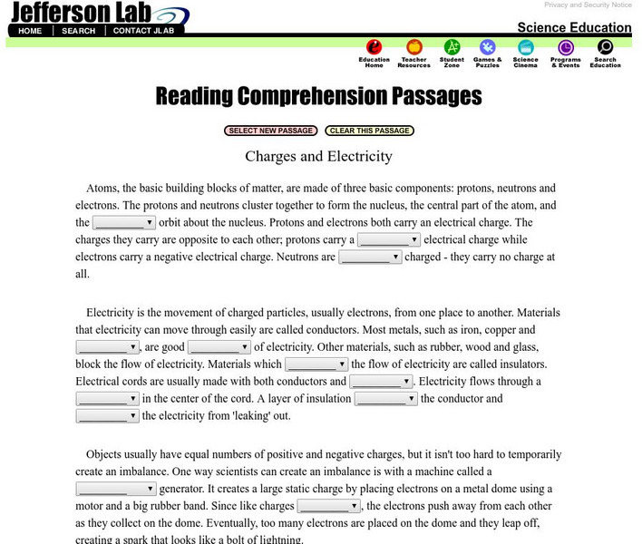 Jefferson Lab: Reading Passages: Charges and Electricity Unknown Type Jefferson Lab: Reading Passages: Charges and Electricity Unknown Type