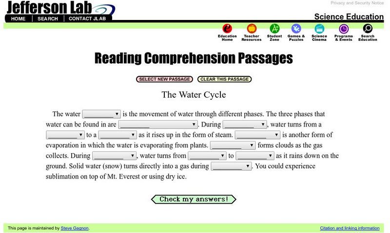 Jefferson Lab: Reading Passage: The Water Cycle 2 Unknown Type Jefferson Lab: Reading Passage: The Water Cycle 2 Unknown Type