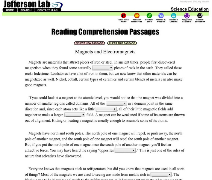 Jefferson Lab: Reading Passages: Magnets and Electromagnets Unknown Type Jefferson Lab: Reading Passages: Magnets and Electromagnets Unknown Type