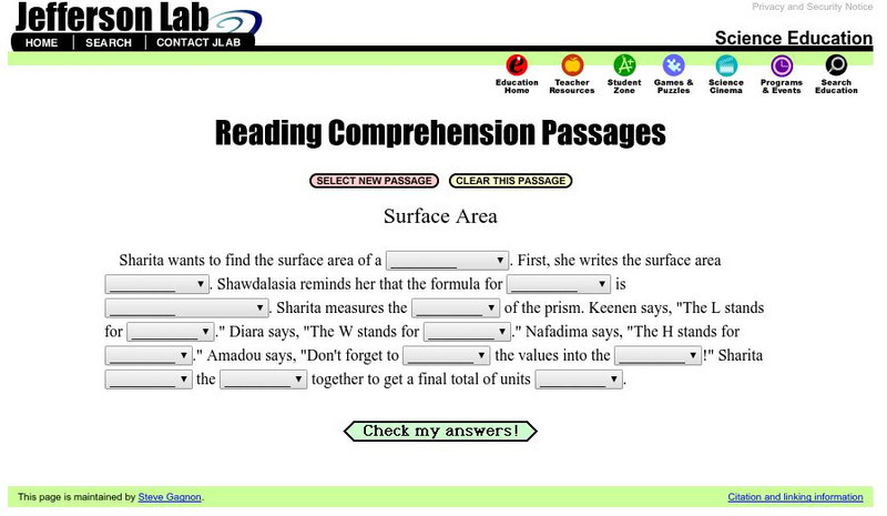 Jefferson Lab: Reading Passage: Surface Area Unknown Type Jefferson Lab: Reading Passage: Surface Area Unknown Type