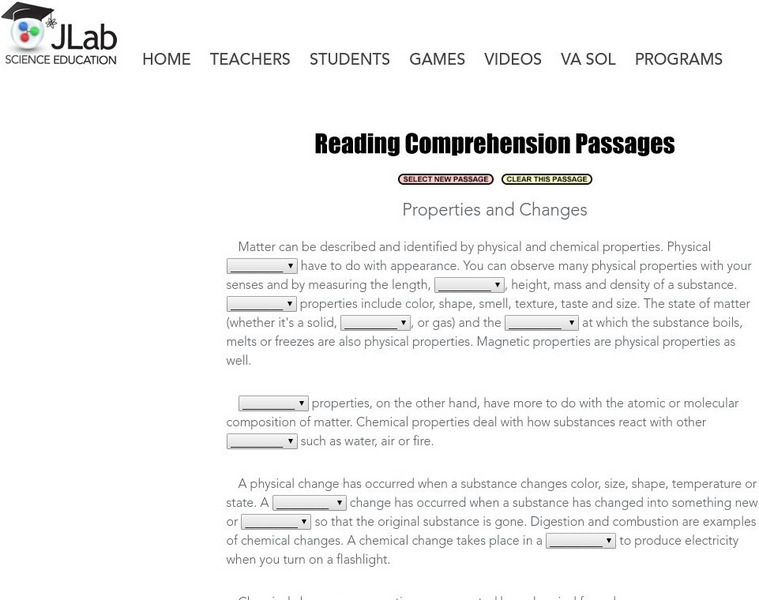 Jefferson Lab: Reading Passage: Properties and Changes Unknown Type Jefferson Lab: Reading Passage: Properties and Changes Unknown Type