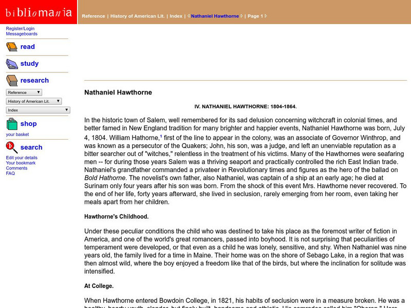 Bibliomania: Nathaniel Hawthorne Handout Bibliomania: Nathaniel Hawthorne Handout