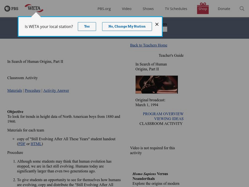 Pbs Teachers: In Search of Human Origins, Part Ii Activity Pbs Teachers: In Search of Human Origins, Part Ii Activity
