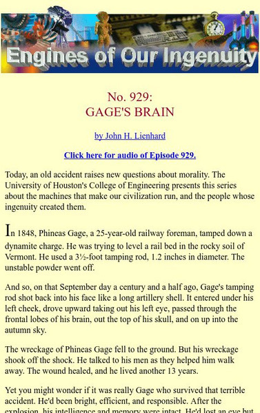 University of Houston: Engines of Our Ingenuity: No. 929: Gage's Brain Audio