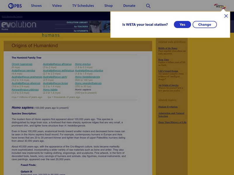 Pbs: Evolution: Origins of Humankind: Homo Sapiens Website Pbs: Evolution: Origins of Humankind: Homo Sapiens Website