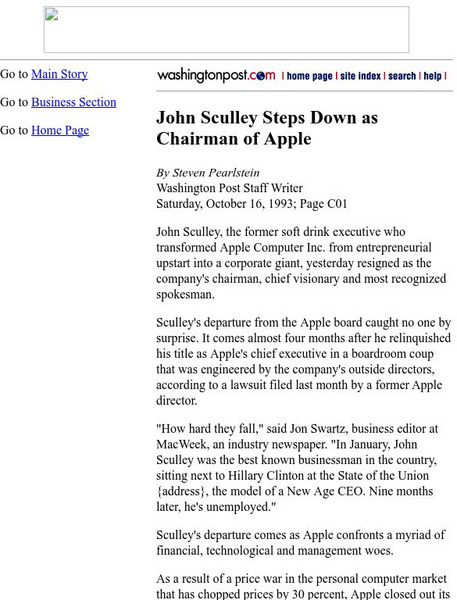 The Washington Post: John Sculley Steps Down From Apple Article The Washington Post: John Sculley Steps Down From Apple Article