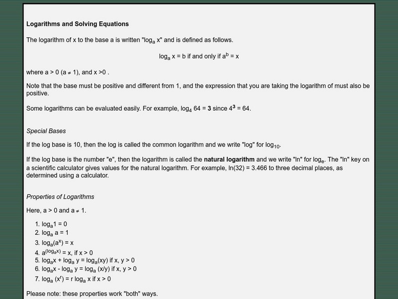 University of Saskatchewan: Logarithms Activity University of Saskatchewan: Logarithms Activity