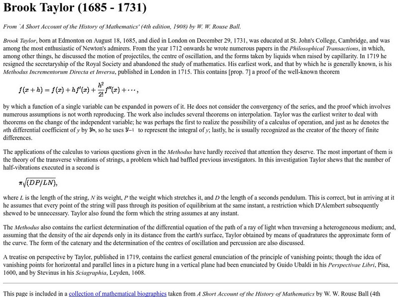 Trinity College: Brook Taylor (1685 1731) Handout