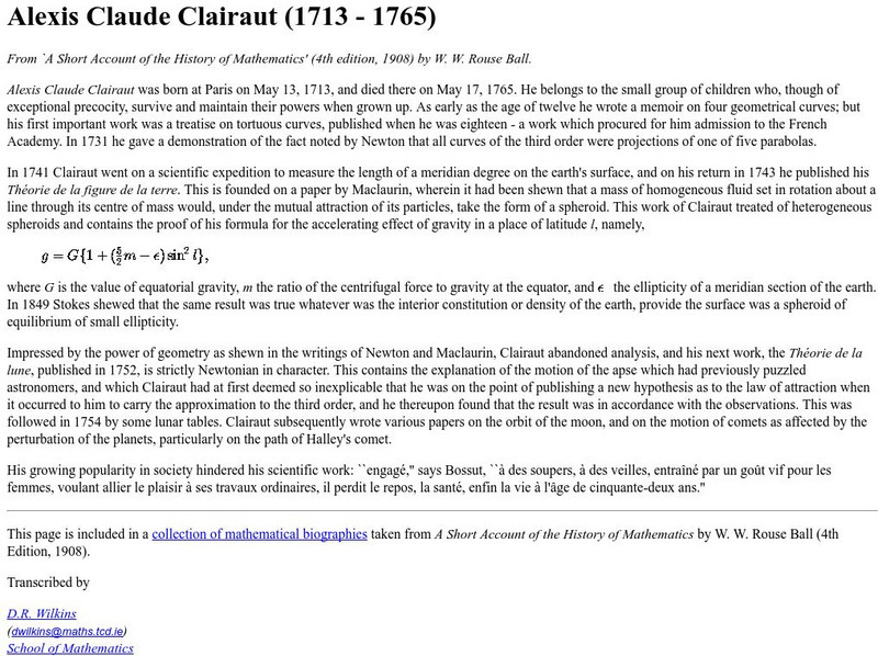 Trinity College: Alexis Claude Clairaut (1713 1765) Handout Trinity College: Alexis Claude Clairaut (1713 1765) Handout