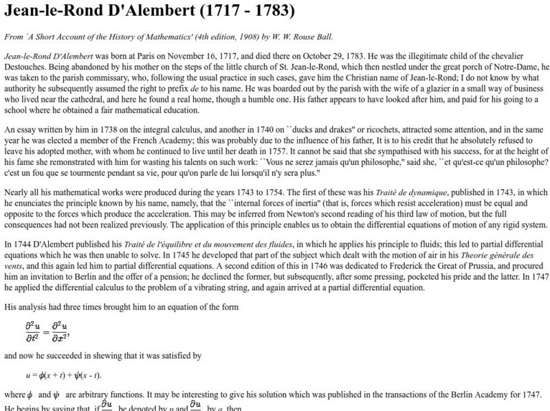 Trinity College: Jean Le Rond D'alembert (1717 1783) Handout