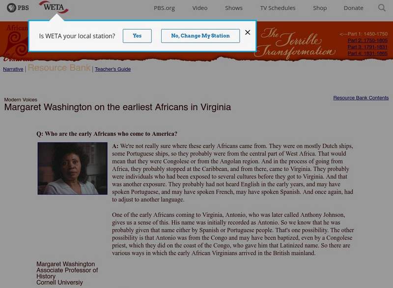 Africans in America: Margaret Washington on the Earliest Africans in Va. Article Africans in America: Margaret Washington on the Earliest Africans in Va. Article