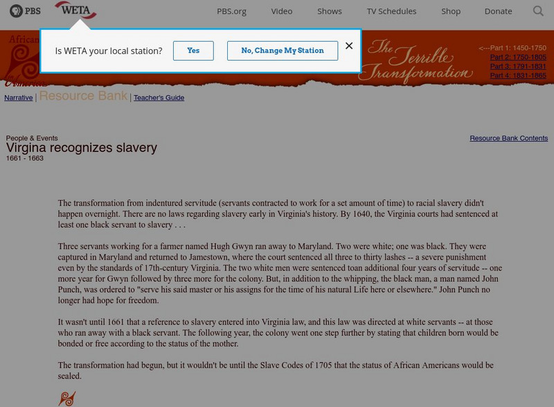 Africans in America: Virginia Recognizes Slavery Article Africans in America: Virginia Recognizes Slavery Article