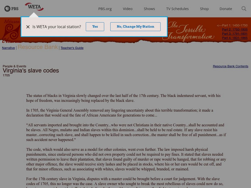 Africans in America: Virginia's Slave Codes (1705) Article Africans in America: Virginia's Slave Codes (1705) Article