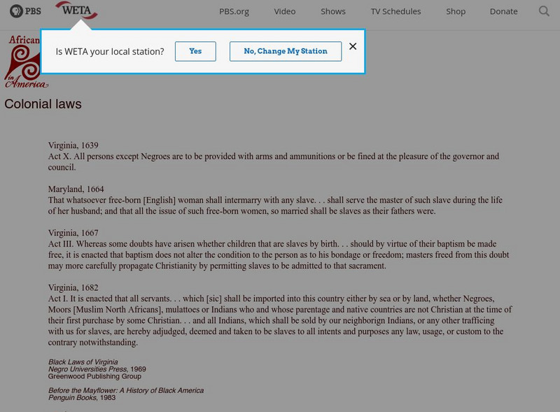 Africans in America: Colonial Laws Article Africans in America: Colonial Laws Article