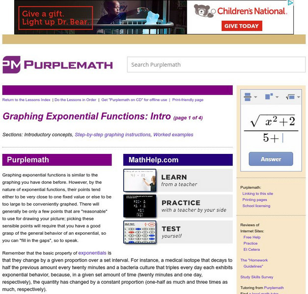 Purplemath: Graphing Exponential Functions: Intro Handout Purplemath: Graphing Exponential Functions: Intro Handout