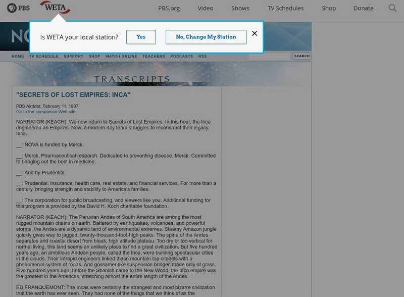 Pbs: Secrets of Lost Empires the Incas Instructional Video