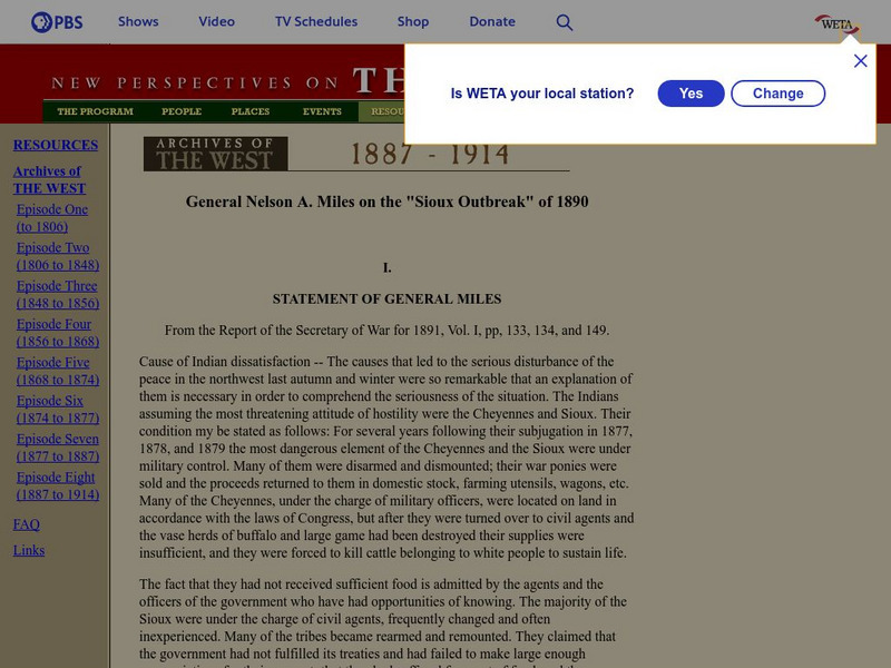 Pbs the West: Gen. Nelson A. Miles on the "Sioux Outbreak" Primary Pbs the West: Gen. Nelson A. Miles on the "Sioux Outbreak" Primary