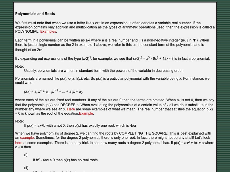 University of Saskatchewan: Polynomials and Roots Activity University of Saskatchewan: Polynomials and Roots Activity