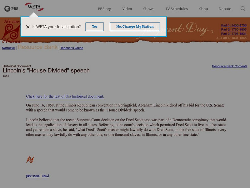 Pbs: Cet: Africans in America: Lincoln's "House Divided" Speech Primary Pbs: Cet: Africans in America: Lincoln's "House Divided" Speech Primary