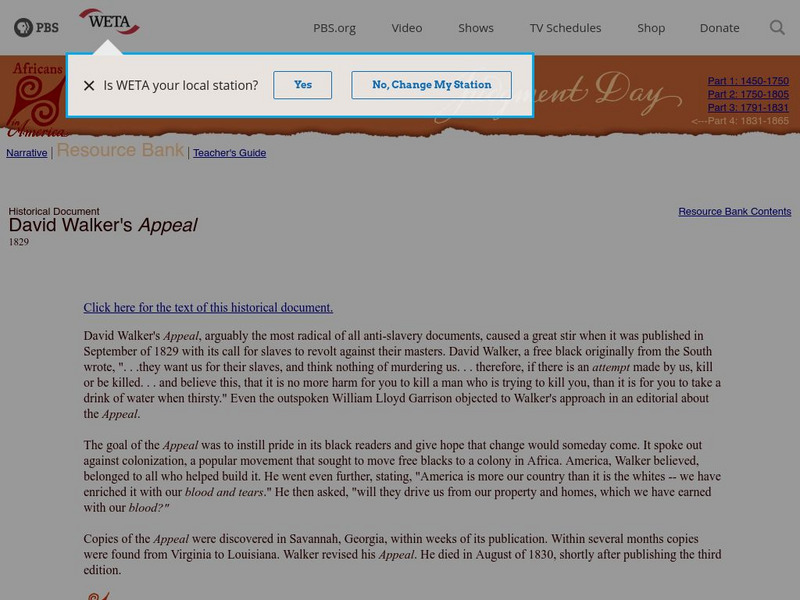 Pbs: Cet: Africans in America: David Walker's Appeal Primary Pbs: Cet: Africans in America: David Walker's Appeal Primary