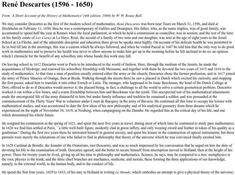 Trinity College: Rene Descartes (1596 1650) Handout Trinity College: Rene Descartes (1596 1650) Handout