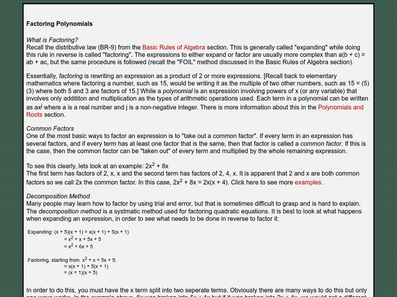University of Saskatchewan: Factoring Polynomials Activity University of Saskatchewan: Factoring Polynomials Activity