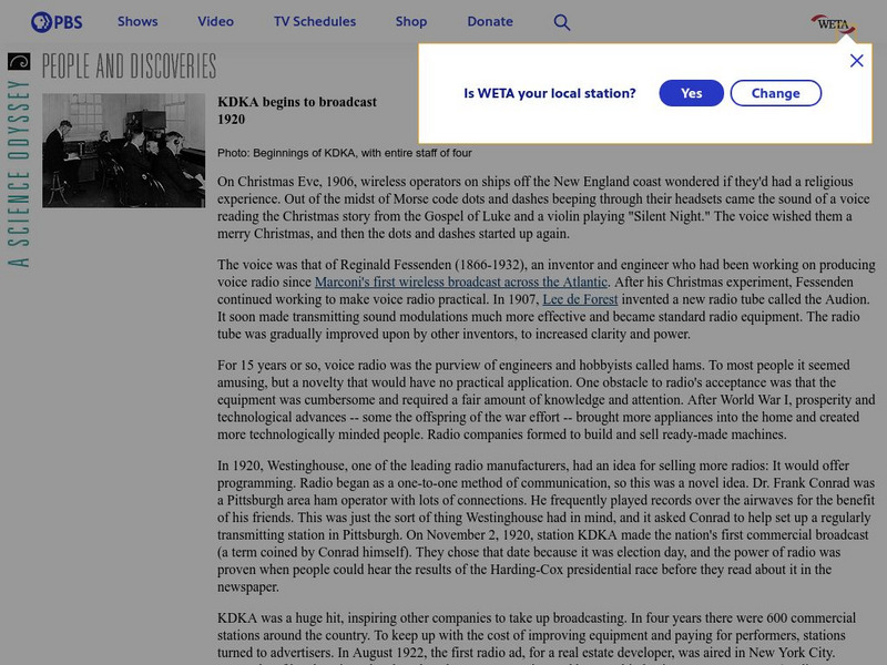 Pbs: People and Discoveries: Kdka Begins to Broadcast 1920 Handout Pbs: People and Discoveries: Kdka Begins to Broadcast 1920 Handout