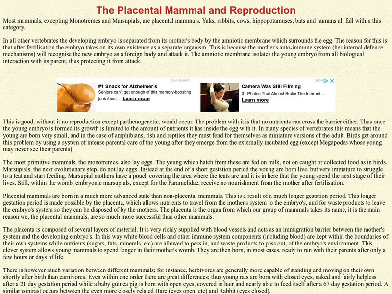 Earth Life: The Placental Mammal and Reproduction Handout Earth Life: The Placental Mammal and Reproduction Handout