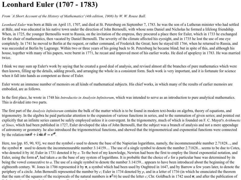 Trinity College: Leonhard Euler (1707 1783) Handout Trinity College: Leonhard Euler (1707 1783) Handout