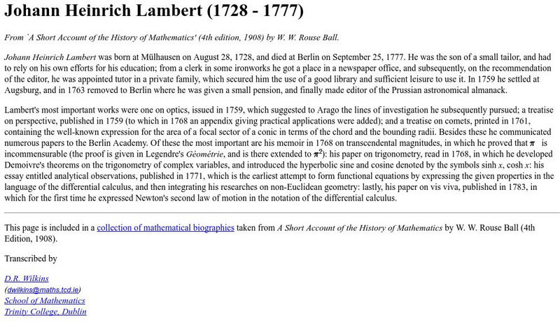 Trinity College: Johann Heinrich Lambert (1728 1777) Handout