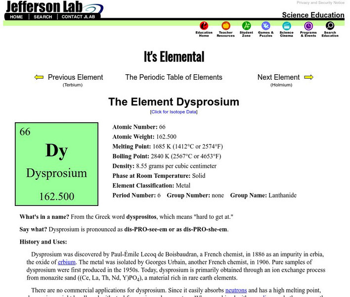 Jefferson Lab: It's Elemental the Element Dysprosium Handout Jefferson Lab: It's Elemental the Element Dysprosium Handout