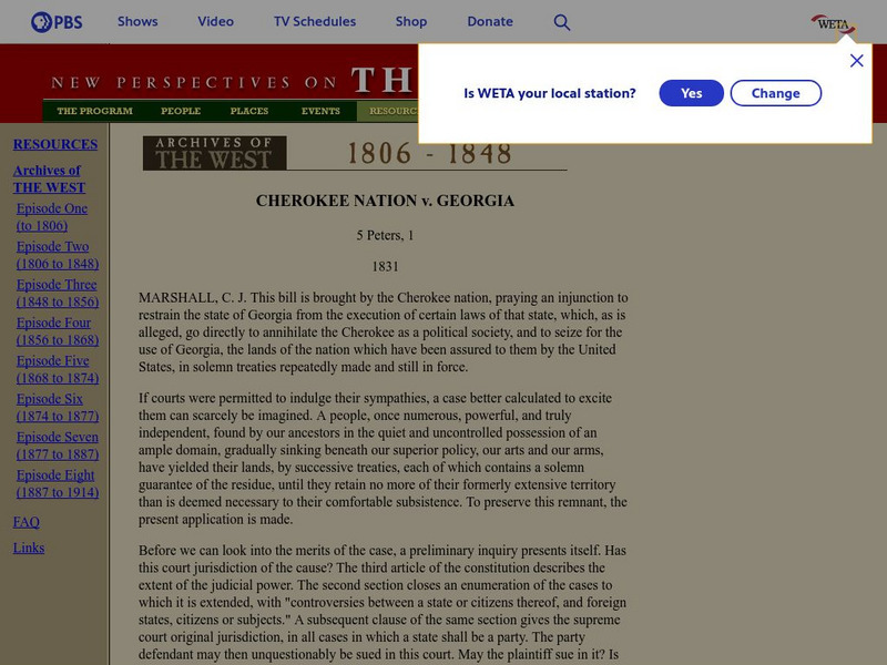 Pbs the West: Cherokee Nation v. Georgia Primary Pbs the West: Cherokee Nation v. Georgia Primary