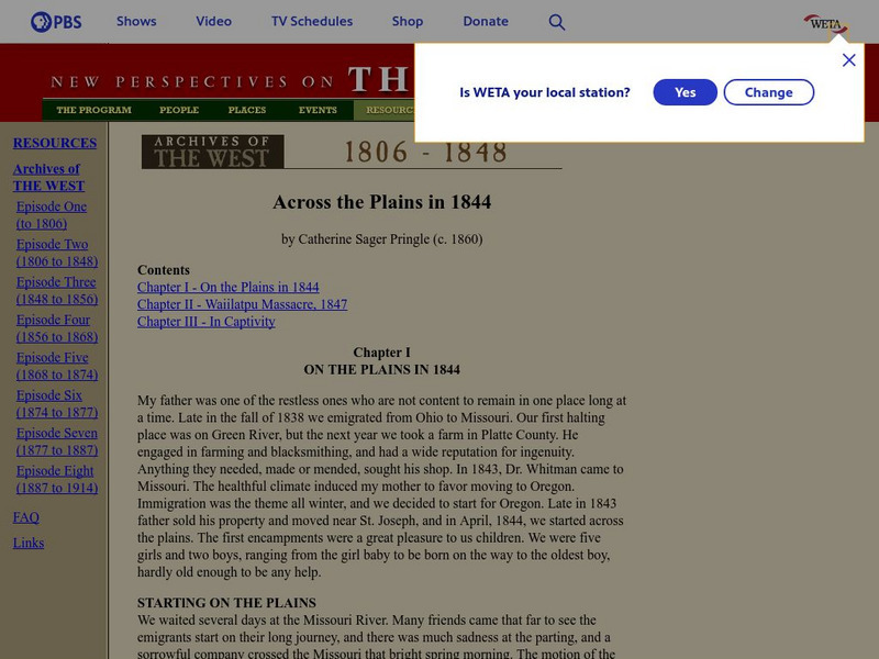 Pbs: Archives of the West: Across the Plains in 1844 Primary Pbs: Archives of the West: Across the Plains in 1844 Primary